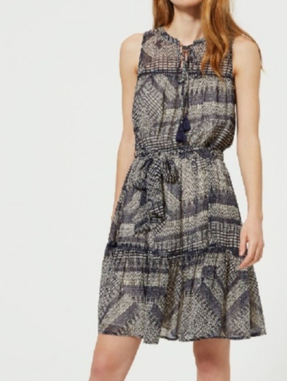 Rebecca Minkoff NEW Navy Cream Ruffle Belted Fringe Dress Size Medium